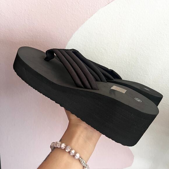 Black‎ Platform Flip Flop Sandals Y2K Retro Chunky Grunge Sz 9 - Picture 2 of 3